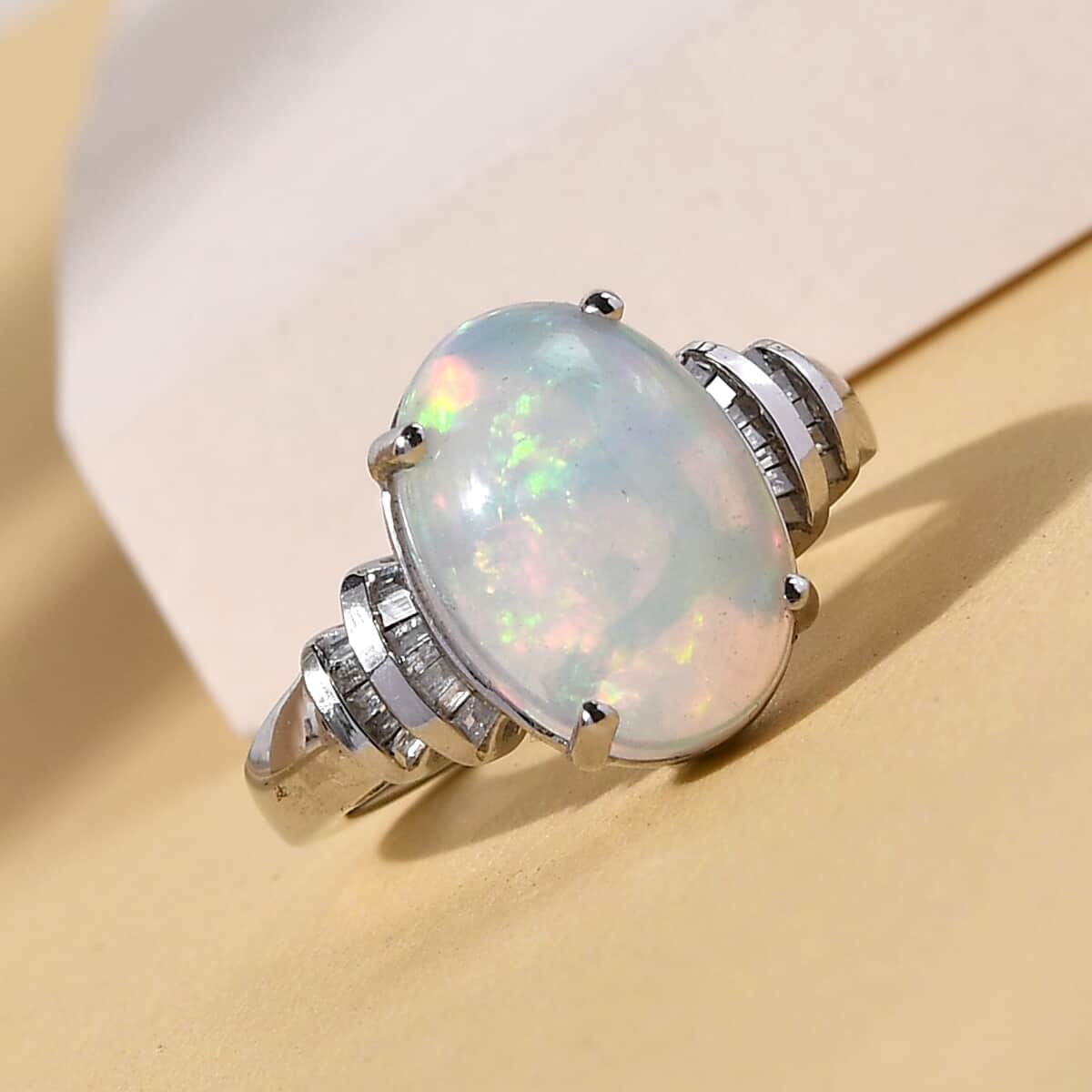 Ethiopian Welo Opal and Diamond Ring in Platinum Over Sterling Silver (Shipped in 5-7 Business Days) 4.10 ctw image number 1