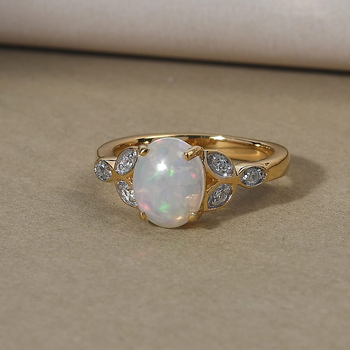 Ethiopian Welo Opal and Natural White Zircon Ring in Vermeil Yellow Gold Over Sterling Silver (Shipped in 5-7 Business Days) 1.25 ctw image number 1