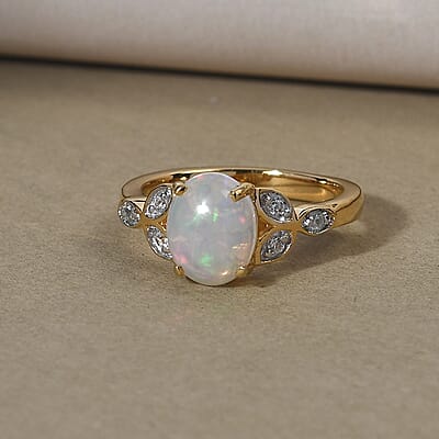 Premium Ethiopian Welo Opal and Natural White Zircon Ring in Vermeil Yellow Gold Over Sterling Silver (Size 10.0) 1.35 ctw