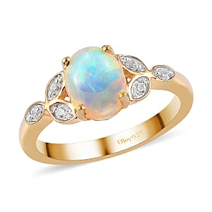 Premium Ethiopian Welo Opal and Natural White Zircon Ring in Vermeil Yellow Gold Over Sterling Silver (Size 7.0) 1.35 ctw