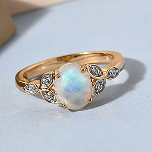 Premium Ethiopian Welo Opal and Natural White Zircon Ring in Vermeil Yellow Gold Over Sterling Silver (Size 7.0) 1.35 ctw