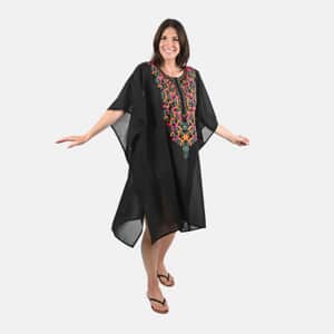 TAMSY Black Front Embroidered Midi Kaftan - One Size Fits Most