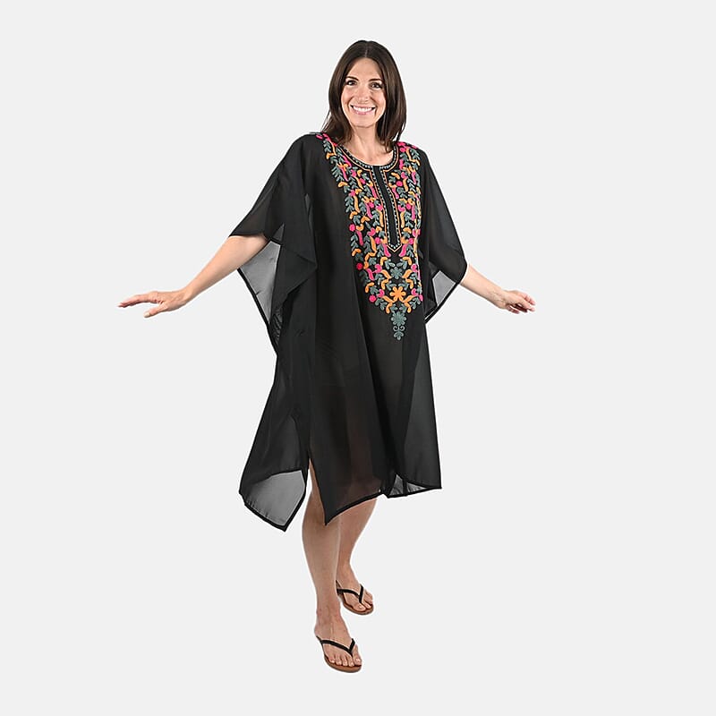 Tamsy Black Front Embroidered Midi Kaftan Dress - One Size Fits Most , Holiday Dress , Swimsuit Cover Up , Beach Cover Ups , Holiday Clothes