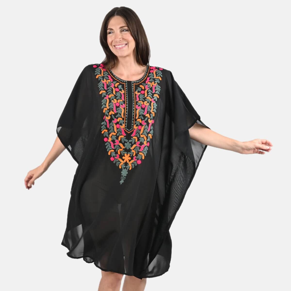 Tamsy Black Front Embroidered Midi Kaftan Dress - One Size Fits Most , Holiday Dress , Swimsuit Cover Up , Beach Cover Ups , Holiday Clothes image number 1