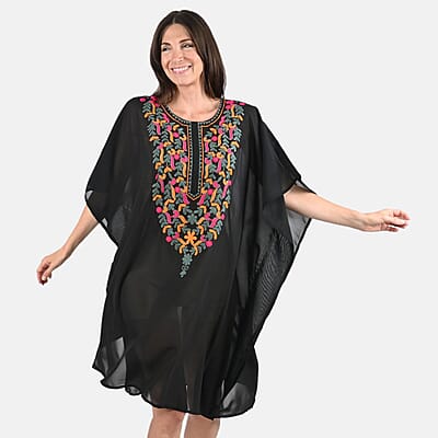 Tamsy Black Front Embroidered Midi Kaftan Dress - One Size Fits Most , Holiday Dress , Swimsuit Cover Up , Beach Cover Ups , Holiday Clothes