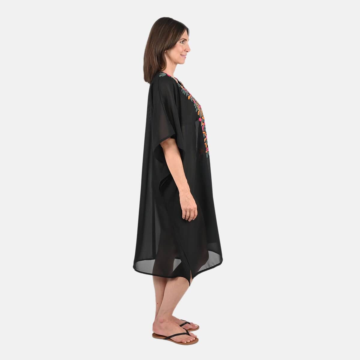 Tamsy Black Front Embroidered Midi Kaftan Dress - One Size Fits Most , Holiday Dress , Swimsuit Cover Up , Beach Cover Ups , Holiday Clothes image number 2