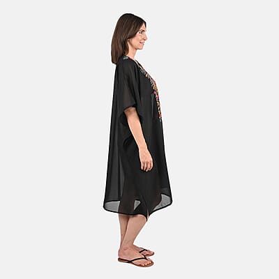 Tamsy Black Front Embroidered Midi Kaftan Dress - One Size Fits Most , Holiday Dress , Swimsuit Cover Up , Beach Cover Ups , Holiday Clothes
