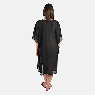 Tamsy Black Front Embroidered Midi Kaftan Dress - One Size Fits Most , Holiday Dress , Swimsuit Cover Up , Beach Cover Ups , Holiday Clothes