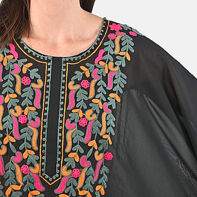 Tamsy Black Front Embroidered Midi Kaftan Dress - One Size Fits Most , Holiday Dress , Swimsuit Cover Up , Beach Cover Ups , Holiday Clothes