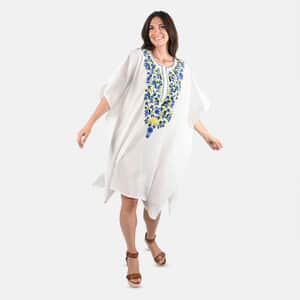 Tamsy White Front Embroidered Midi Kaftan Dress - One Size Fits Most , Holiday Dress , Swimsuit Cover Up , Beach Cover Ups , Holiday Clothes