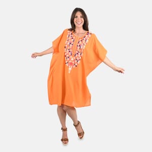 Tamsy Orange Front Embroidered Midi Kaftan Dress - One Size Fits Most , Holiday Dress , Swimsuit Cover Up , Beach Cover Ups , Holiday Clothes