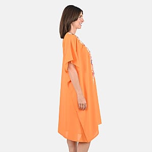 Tamsy Orange Front Embroidered Midi Kaftan Dress - One Size Fits Most , Holiday Dress , Swimsuit Cover Up , Beach Cover Ups , Holiday Clothes