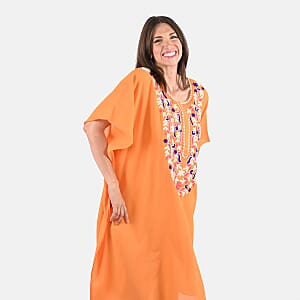 Tamsy Orange Front Embroidered Midi Kaftan Dress - One Size Fits Most , Holiday Dress , Swimsuit Cover Up , Beach Cover Ups , Holiday Clothes