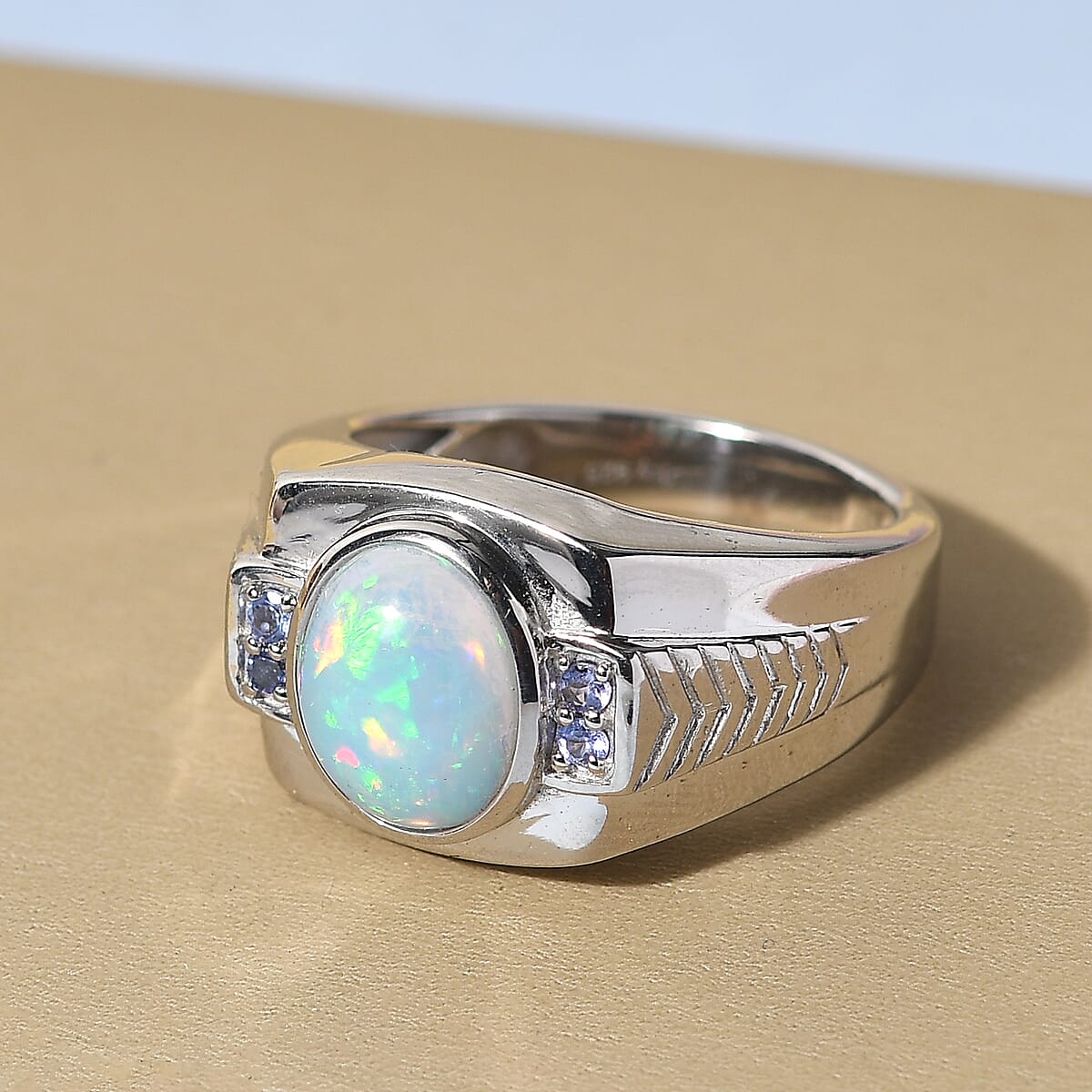Premium Ethiopian Welo Opal and Tanzanite Men's Ring in Platinum Over Sterling Silver (Size 10.0) 9.60 Grams 2.40 ctw image number 1