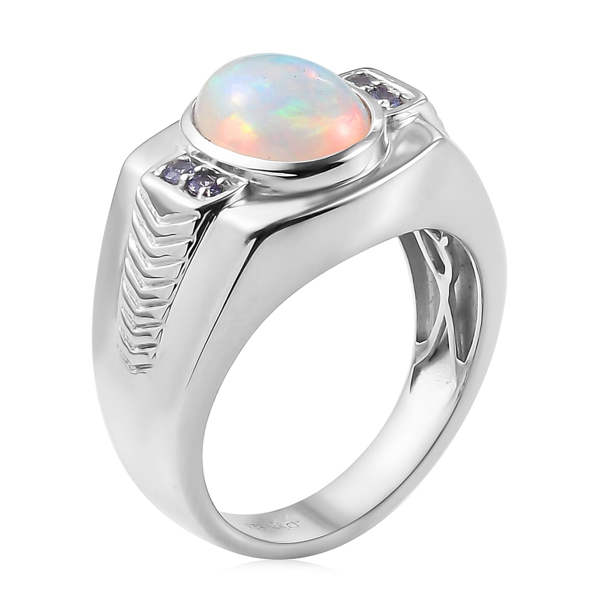 Premium Ethiopian Welo Opal and Tanzanite Men's Ring in Platinum Over Sterling Silver (Size 10.0) 9.60 Grams 2.40 ctw image number 3