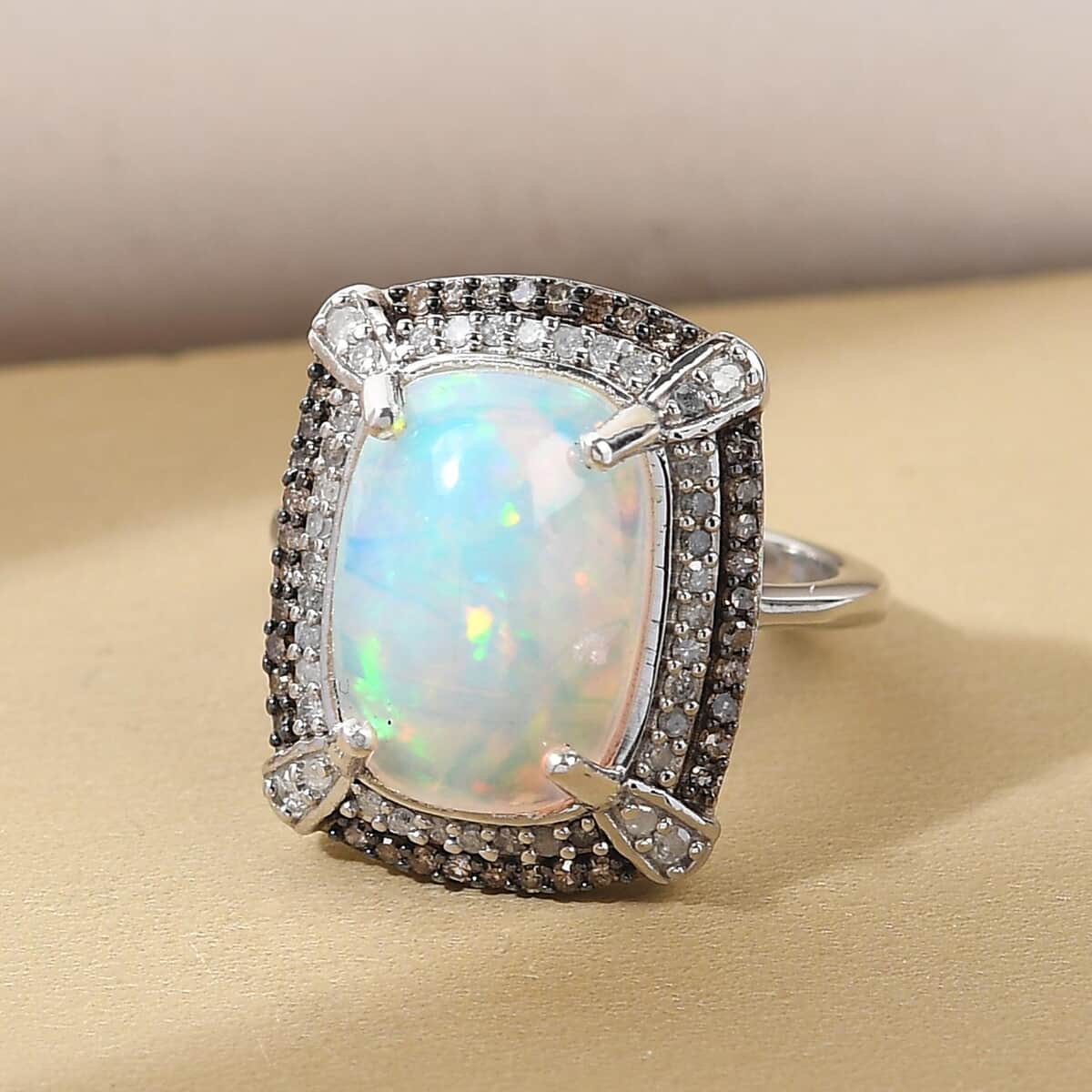 Ethiopian Welo Opal, Natural Champagne and White Diamond Double Halo Ring in Platinum Over Sterling Silver 4.85 ctw image number 1