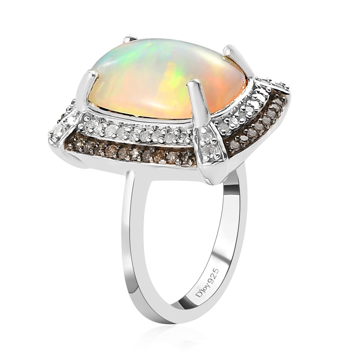 Ethiopian Welo Opal, Natural Champagne and White Diamond Double Halo Ring in Platinum Over Sterling Silver 4.85 ctw image number 3