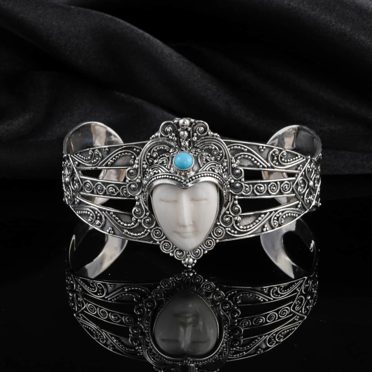Carved Bone Bracelet ,Sleeping Beauty Turquoise Bracelet , Bali Goddess Bracelet , Silver Cuff Bracelet , Sterling Silver Bracelet (7.50 In) 0.65 ctw image number 1