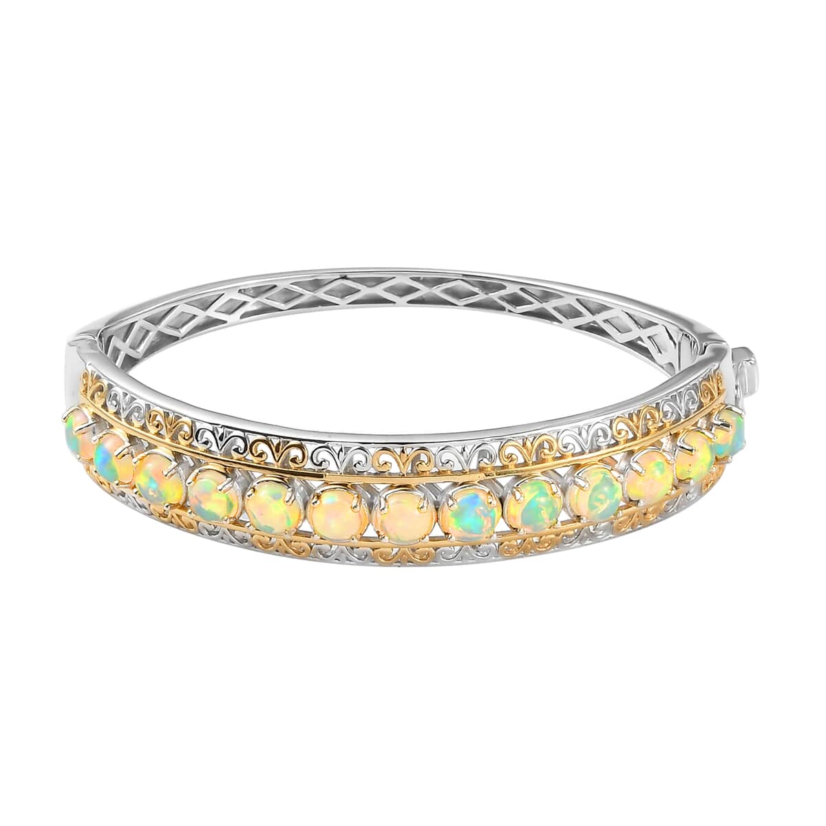 Premium Ethiopian Welo Opal Bangle Bracelet in Vermeil YG and Platinum Over Sterling Silver (6.50 In) (24.15 g) 4.15 ctw image number 0