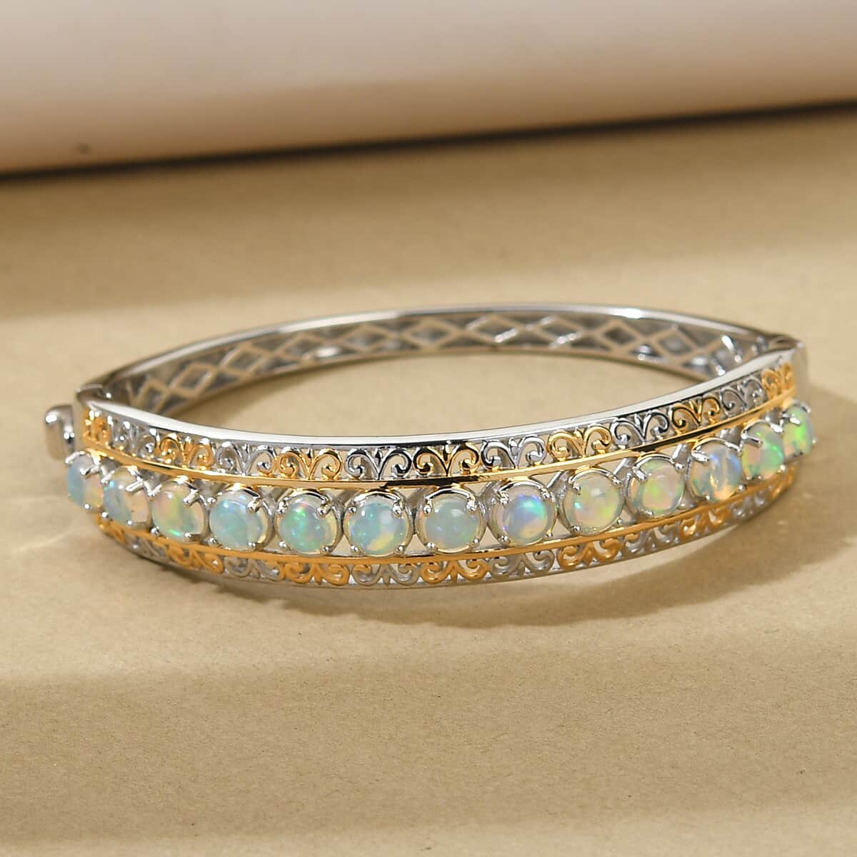 Premium Ethiopian Welo Opal Bangle Bracelet in Vermeil YG and Platinum Over Sterling Silver (6.50 In) (24.15 g) 4.15 ctw image number 1