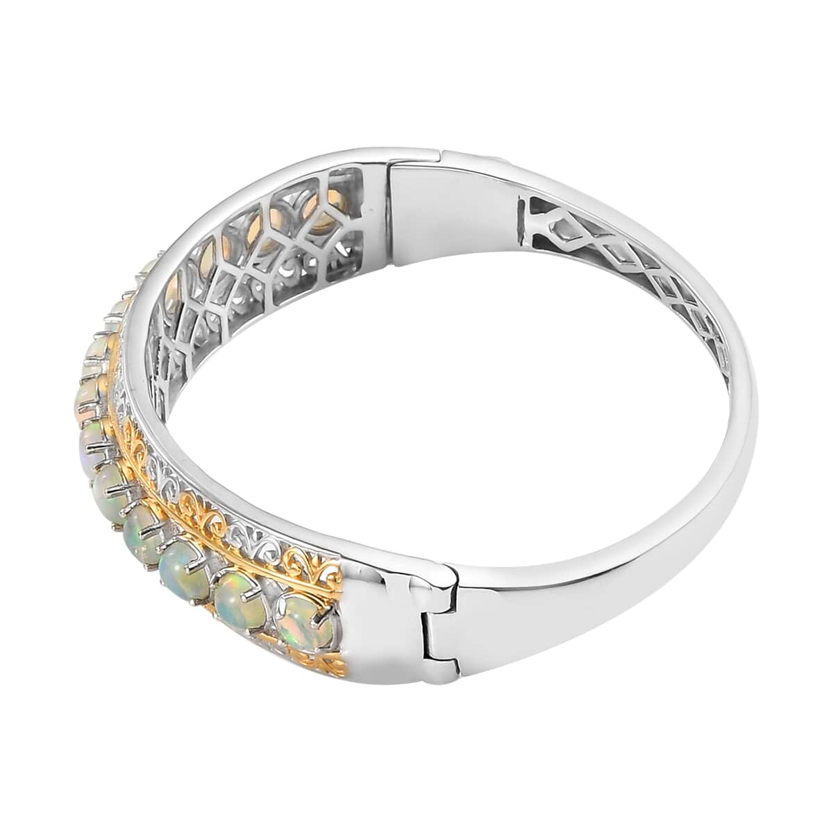 Premium Ethiopian Welo Opal Bangle Bracelet in Vermeil YG and Platinum Over Sterling Silver (6.50 In) (24.15 g) 4.15 ctw image number 3