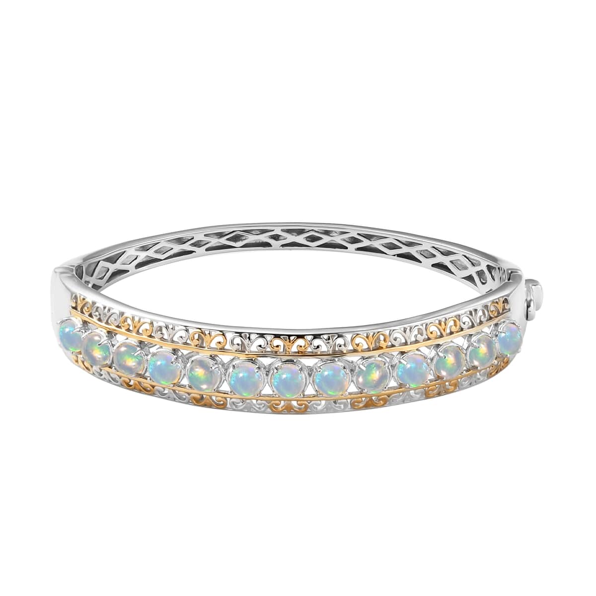 Premium Ethiopian Welo Opal Bangle Bracelet in Vermeil Yellow Gold and Platinum Over Sterling Silver (7.25 In) 25.60 Grams 4.15 ctw image number 0