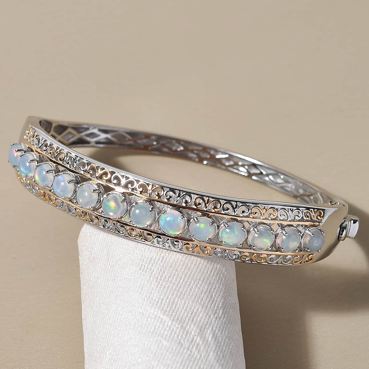 Premium Ethiopian Welo Opal Bangle Bracelet in Vermeil Yellow Gold and Platinum Over Sterling Silver (7.25 In) 25.60 Grams 4.15 ctw image number 1