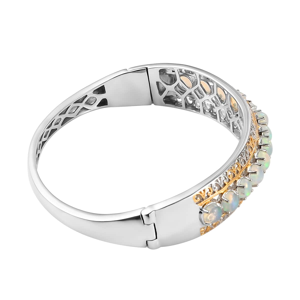 Premium Ethiopian Welo Opal Bangle Bracelet in Vermeil Yellow Gold and Platinum Over Sterling Silver (7.25 In) 25.60 Grams 4.15 ctw image number 3