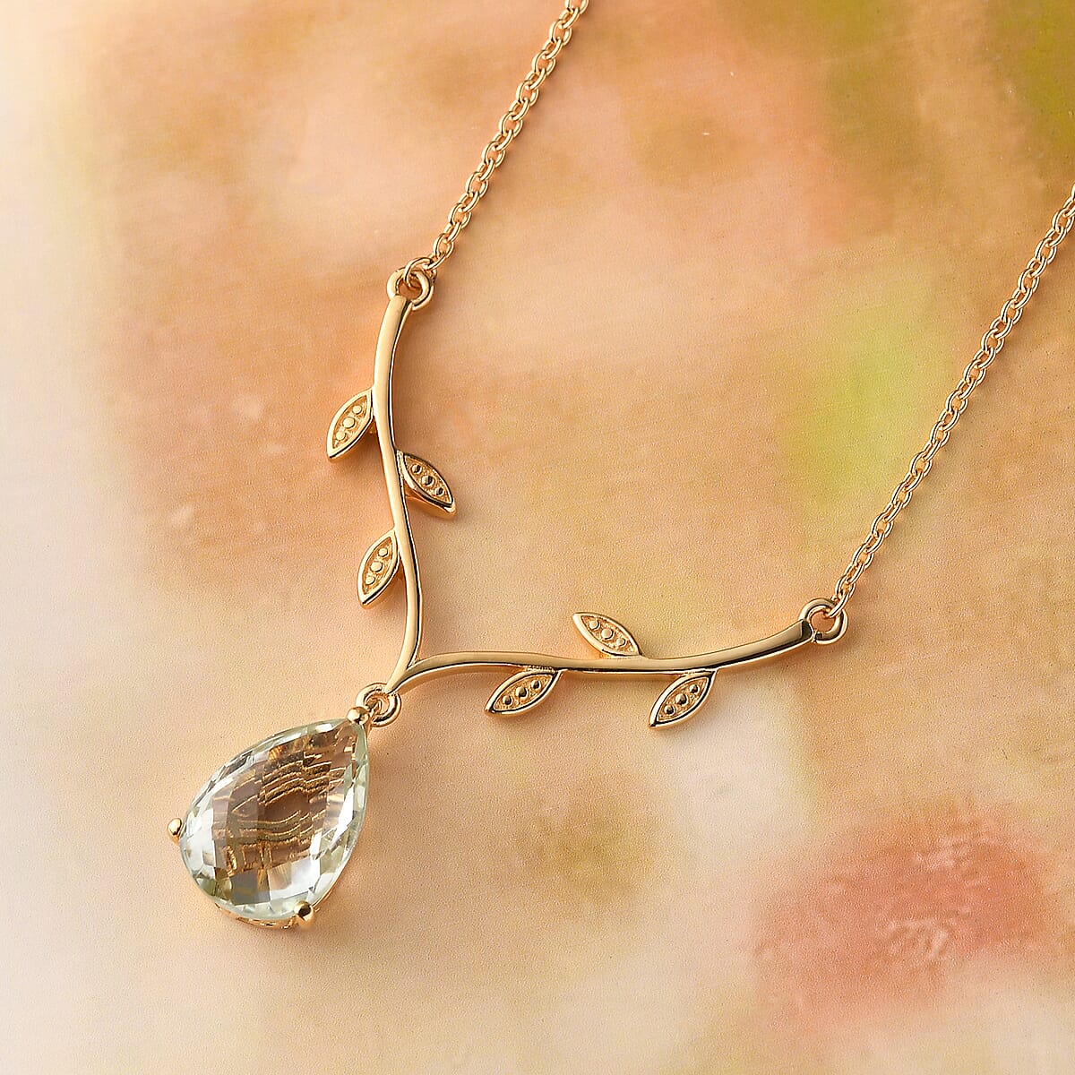 Montezuma Prasiolite Leaf Drop Necklace 18 Inches in 14K Yellow Gold Over Sterling Silver and Stainless Steel 5.25 ctw image number 1