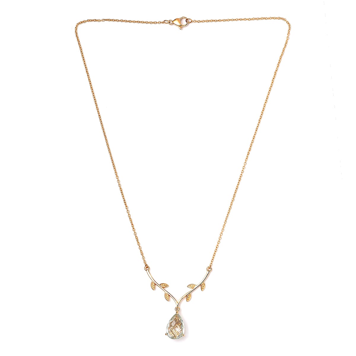 Montezuma Prasiolite Leaf Drop Necklace 18 Inches in 14K Yellow Gold Over Sterling Silver and Stainless Steel 5.25 ctw image number 3