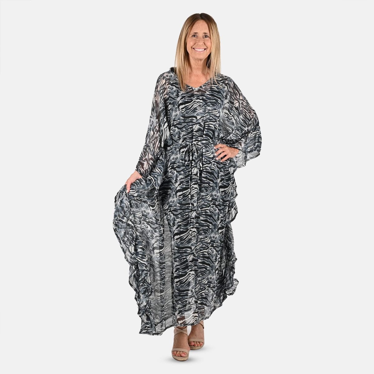 Tamsy Black Zebra Print Chiffon Kaftan Dress With Waist Tie Drawstring & Ruffle Hem - One Size Fits Most , Holiday Dress , Swimsuit Cover Up , Beach Cover Ups , Holiday Clothes image number 0