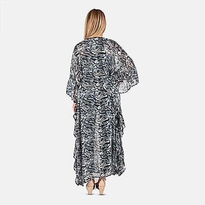 Tamsy Black Zebra Print Chiffon Kaftan Dress With Waist Tie Drawstring & Ruffle Hem - One Size Fits Most , Holiday Dress , Swimsuit Cover Up , Beach Cover Ups , Holiday Clothes