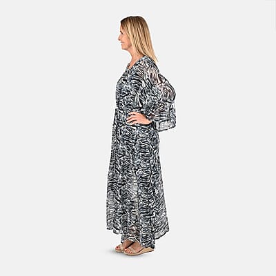 Tamsy Black Zebra Print Chiffon Kaftan Dress With Waist Tie Drawstring & Ruffle Hem - One Size Fits Most , Holiday Dress , Swimsuit Cover Up , Beach Cover Ups , Holiday Clothes