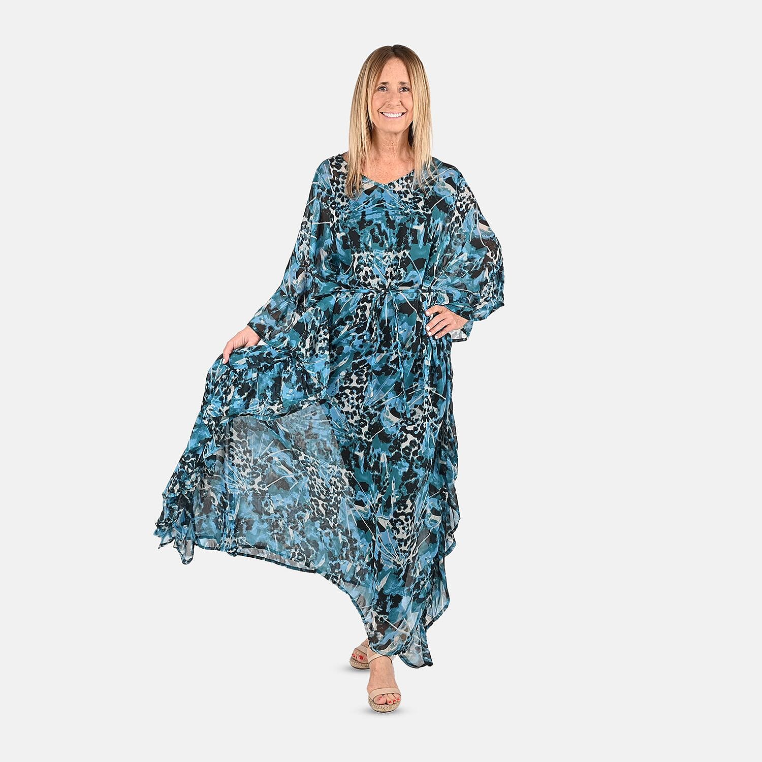 Tamsy Turquoise and Black Chiffon Kaftan Dress With Waist Tie Drawstring & Ruffle Hem - One Size Fits Most , Holiday Dress , Swimsuit Cover Up , Beach Cover Ups , Holiday Clothes