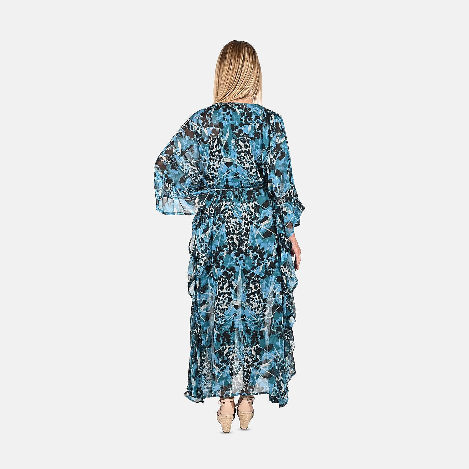 Tamsy Turquoise and Black Chiffon Kaftan Dress With Waist Tie Drawstring & Ruffle Hem - One Size Fits Most , Holiday Dress , Swimsuit Cover Up , Beach Cover Ups , Holiday Clothes
