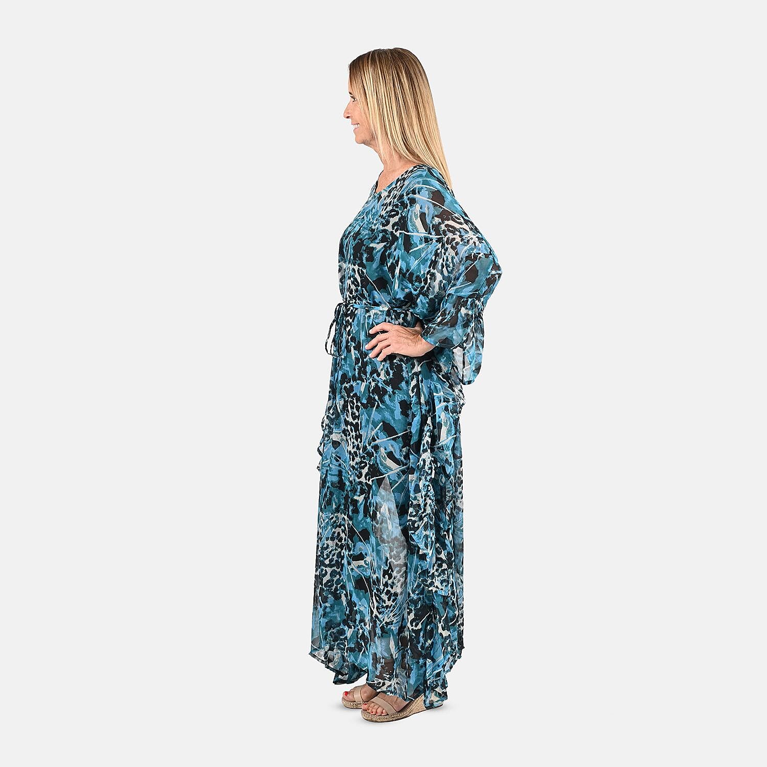 Tamsy Turquoise and Black Chiffon Kaftan Dress With Waist Tie Drawstring & Ruffle Hem - One Size Fits Most , Holiday Dress , Swimsuit Cover Up , Beach Cover Ups , Holiday Clothes
