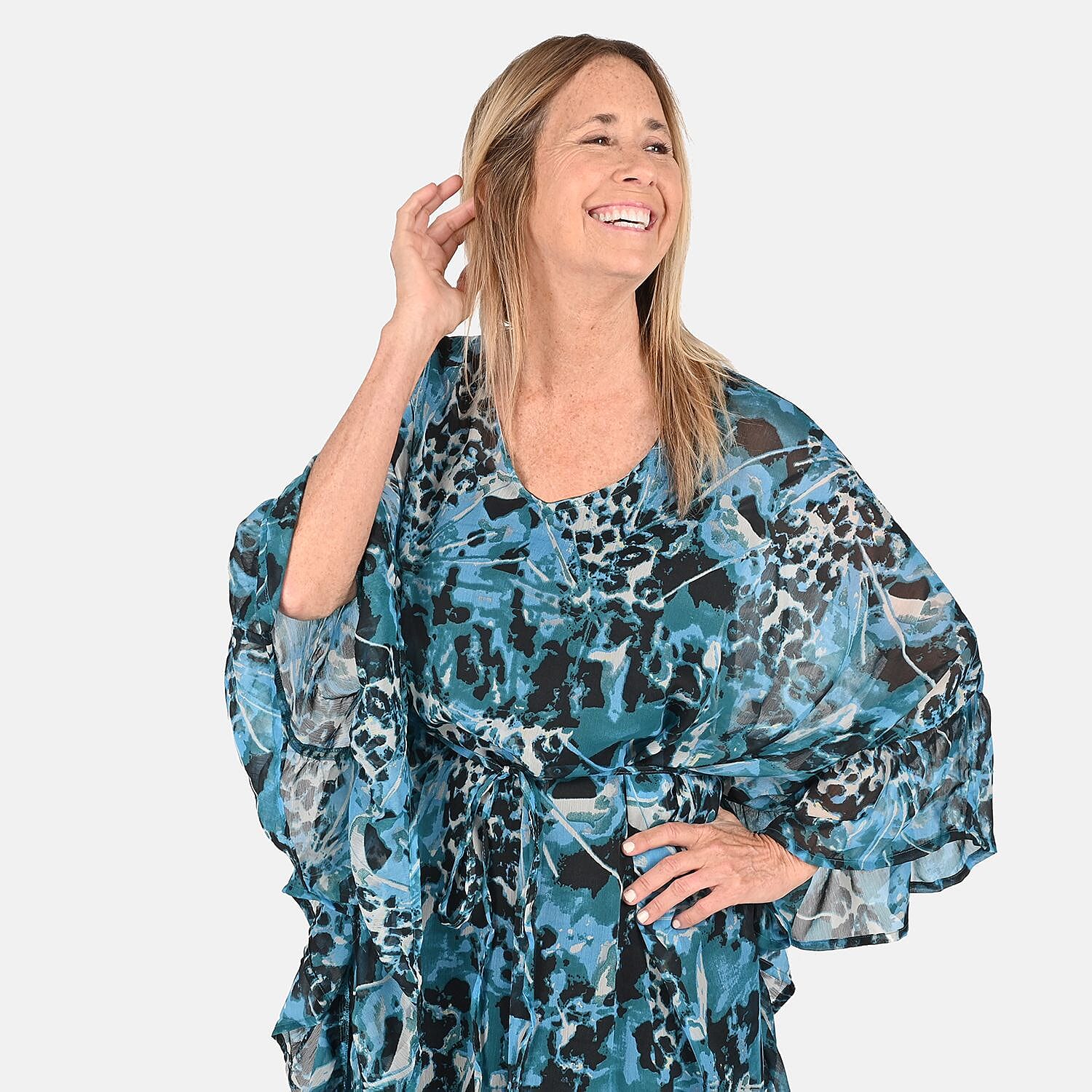Tamsy Turquoise and Black Chiffon Kaftan Dress With Waist Tie Drawstring & Ruffle Hem - One Size Fits Most , Holiday Dress , Swimsuit Cover Up , Beach Cover Ups , Holiday Clothes