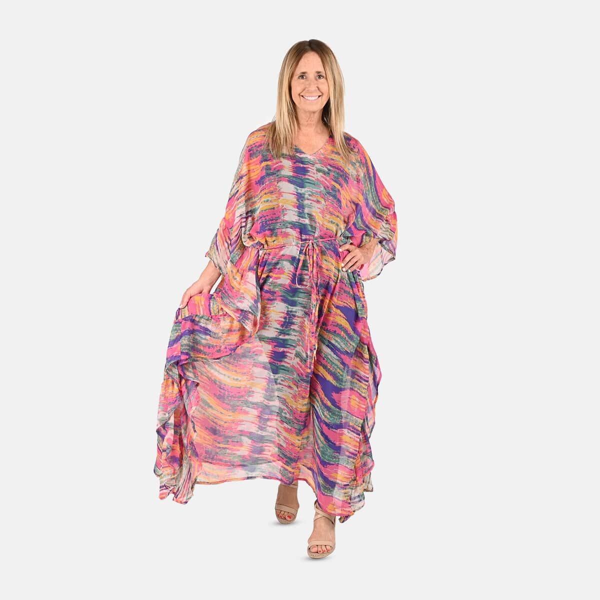 Tamsy Multi Color Stripe Pattern Chiffon Kaftan Dress With Waist Tie Drawstring & Ruffle Hem - One Size Fits Most , Holiday Dress , Swimsuit Cover Up , Beach Cover Ups , Holiday Clothes image number 0