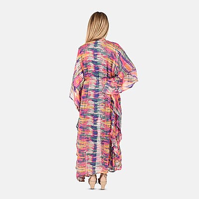 Tamsy Multi Color Stripe Pattern Chiffon Kaftan Dress With Waist Tie Drawstring & Ruffle Hem - One Size Fits Most , Holiday Dress , Swimsuit Cover Up , Beach Cover Ups , Holiday Clothes