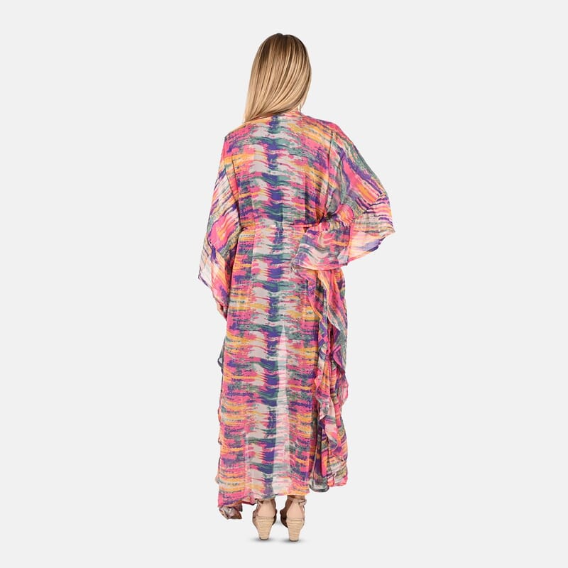 Tamsy Multi Color Stripe Pattern Chiffon Kaftan Dress With Waist Tie Drawstring & Ruffle Hem - One Size Fits Most , Holiday Dress , Swimsuit Cover Up , Beach Cover Ups , Holiday Clothes