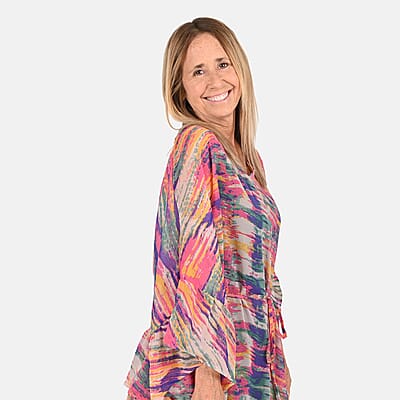 Tamsy Multi Color Stripe Pattern Chiffon Kaftan Dress With Waist Tie Drawstring & Ruffle Hem - One Size Fits Most , Holiday Dress , Swimsuit Cover Up , Beach Cover Ups , Holiday Clothes