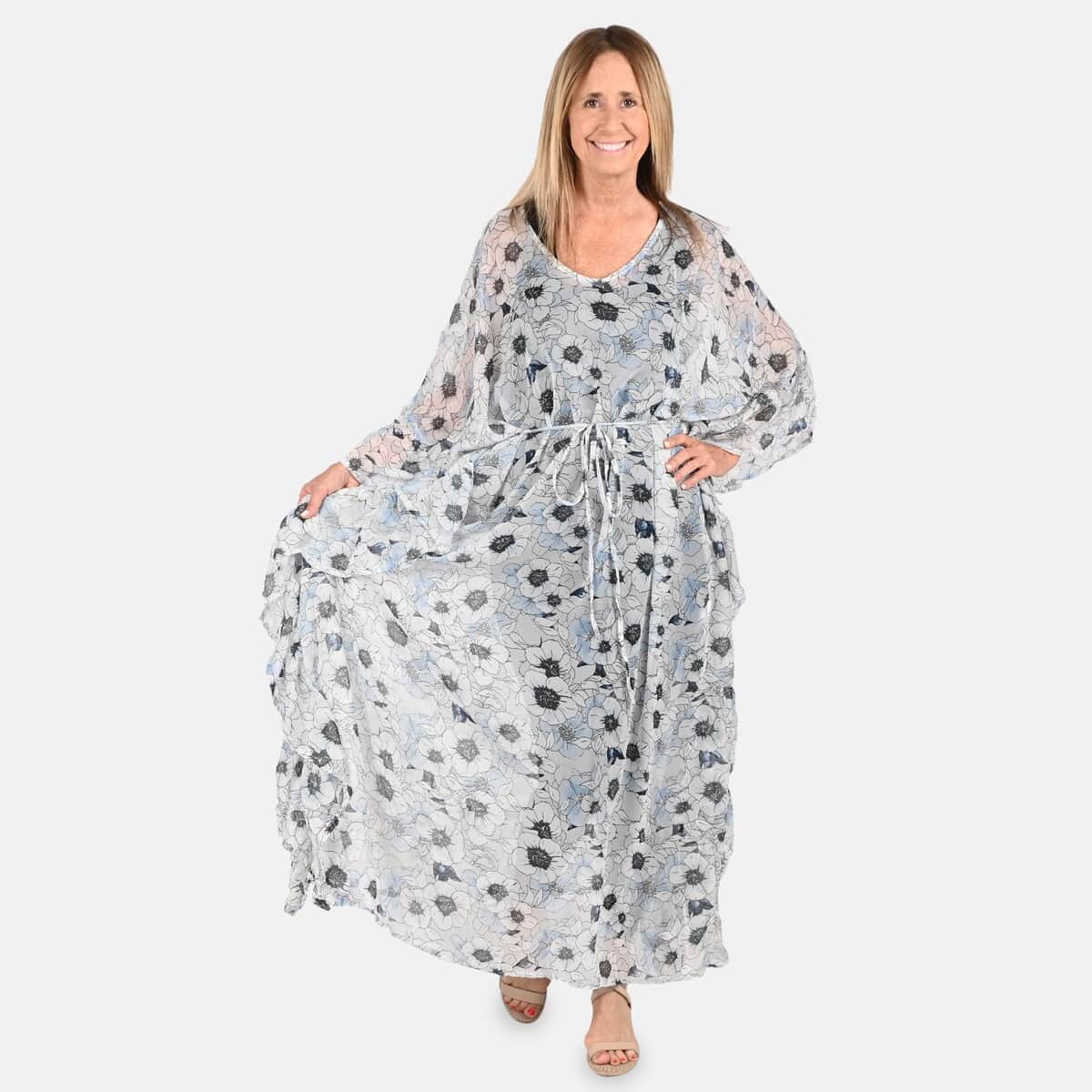 Tamsy Gray With Black Floral Printed Chiffon Kaftan Dress With Waist Tie Drawstring & Ruffle Hem - One Size Fits Most , Holiday Dress , Swimsuit Cover Up , Beach Cover Ups , Holiday Clothes image number 0