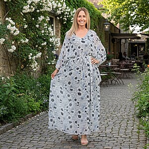 Tamsy Gray With Black Floral Printed Chiffon Kaftan Dress With Waist Tie Drawstring & Ruffle Hem - One Size Fits Most , Holiday Dress , Swimsuit Cover Up , Beach Cover Ups , Holiday Clothes