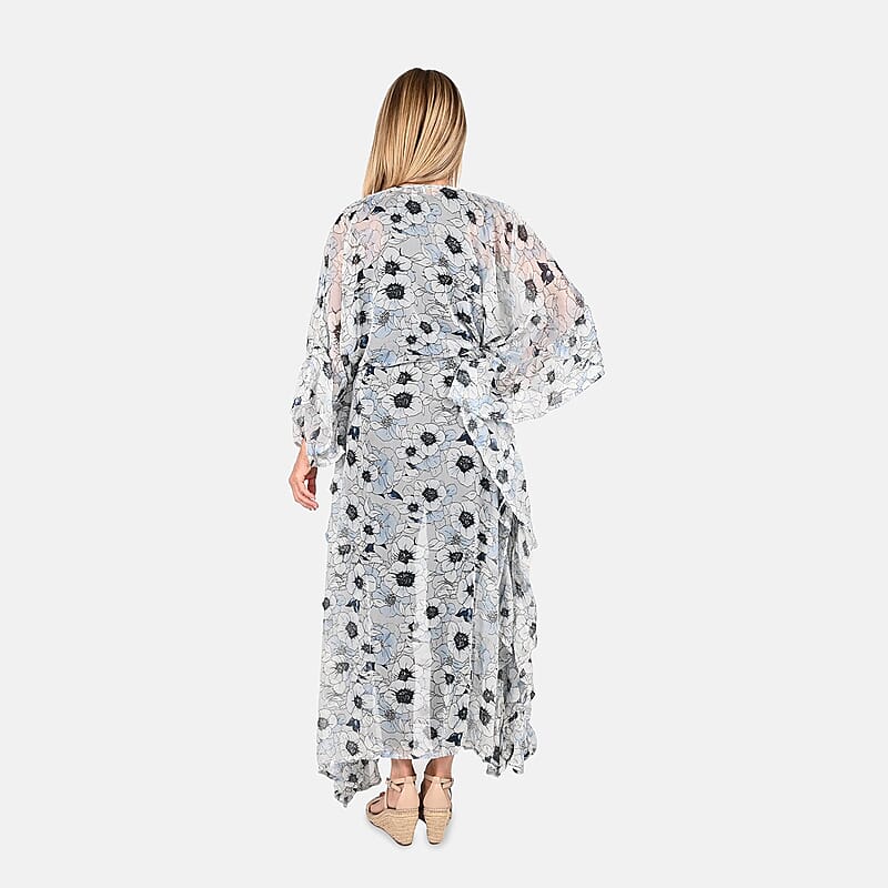 Tamsy Gray With Black Floral Printed Chiffon Kaftan Dress With Waist Tie Drawstring & Ruffle Hem - One Size Fits Most , Holiday Dress , Swimsuit Cover Up , Beach Cover Ups , Holiday Clothes