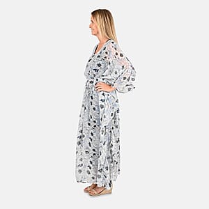 Tamsy Gray With Black Floral Printed Chiffon Kaftan Dress With Waist Tie Drawstring & Ruffle Hem - One Size Fits Most , Holiday Dress , Swimsuit Cover Up , Beach Cover Ups , Holiday Clothes