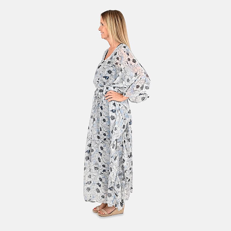 Tamsy Gray With Black Floral Printed Chiffon Kaftan Dress With Waist Tie Drawstring & Ruffle Hem - One Size Fits Most , Holiday Dress , Swimsuit Cover Up , Beach Cover Ups , Holiday Clothes