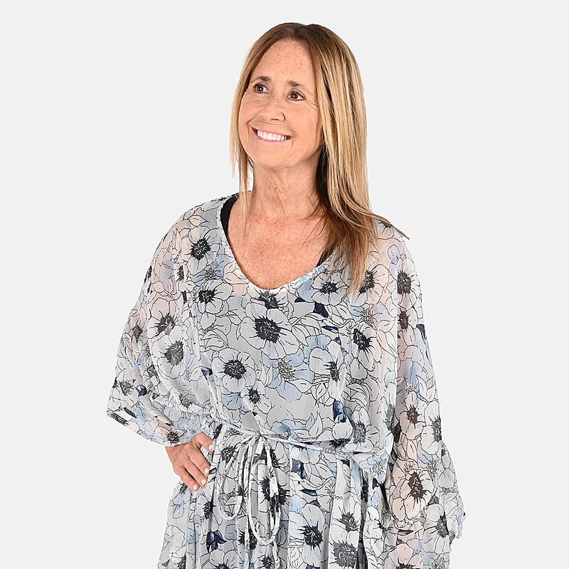 Tamsy Gray With Black Floral Printed Chiffon Kaftan Dress With Waist Tie Drawstring & Ruffle Hem - One Size Fits Most , Holiday Dress , Swimsuit Cover Up , Beach Cover Ups , Holiday Clothes
