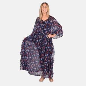 Tamsy Navy Floral Printed Chiffon Kaftan Dress With Waist Tie Drawstring & Ruffle Hem - One Size Fits Most , Holiday Dress , Swimsuit Cover Up , Beach Cover Ups , Holiday Clothes
