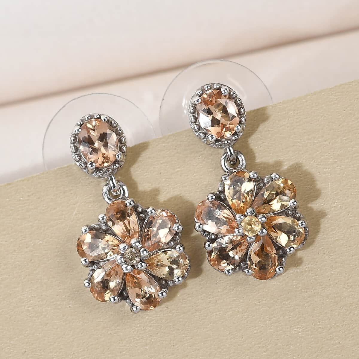 Premium Imperial Topaz Flower Dangle Earrings in Platinum Over Sterling Silver 3.65 ctw image number 1