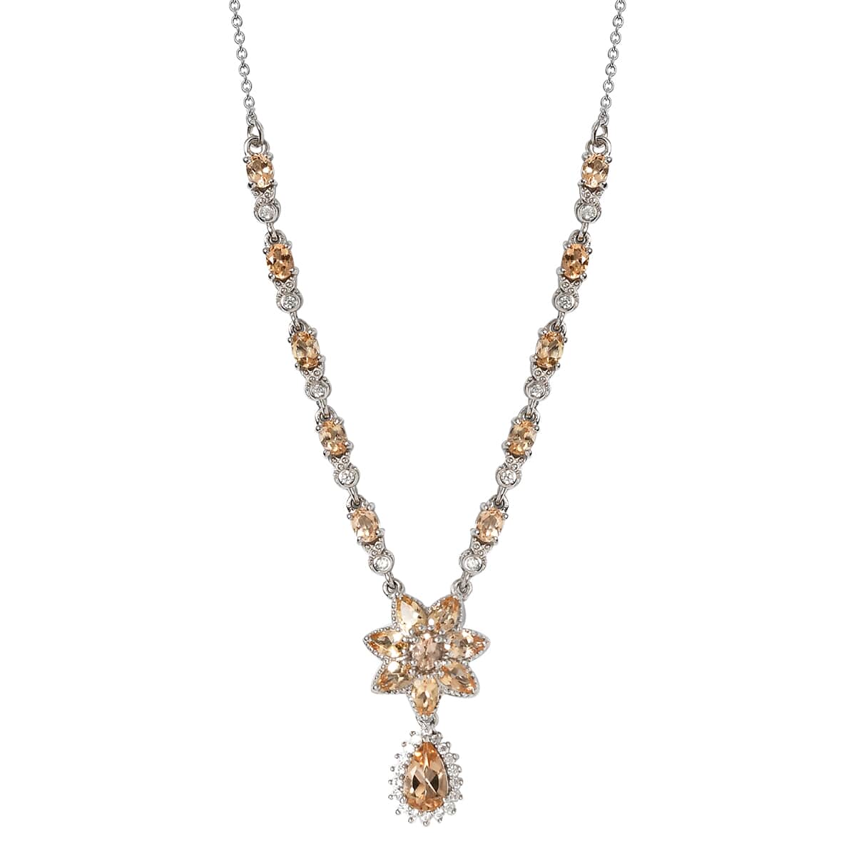 Premium Natural Imperial Topaz and Natural White Zircon Flower Necklace 18 Inches in Platinum Over Sterling Silver 5.00 ctw image number 0